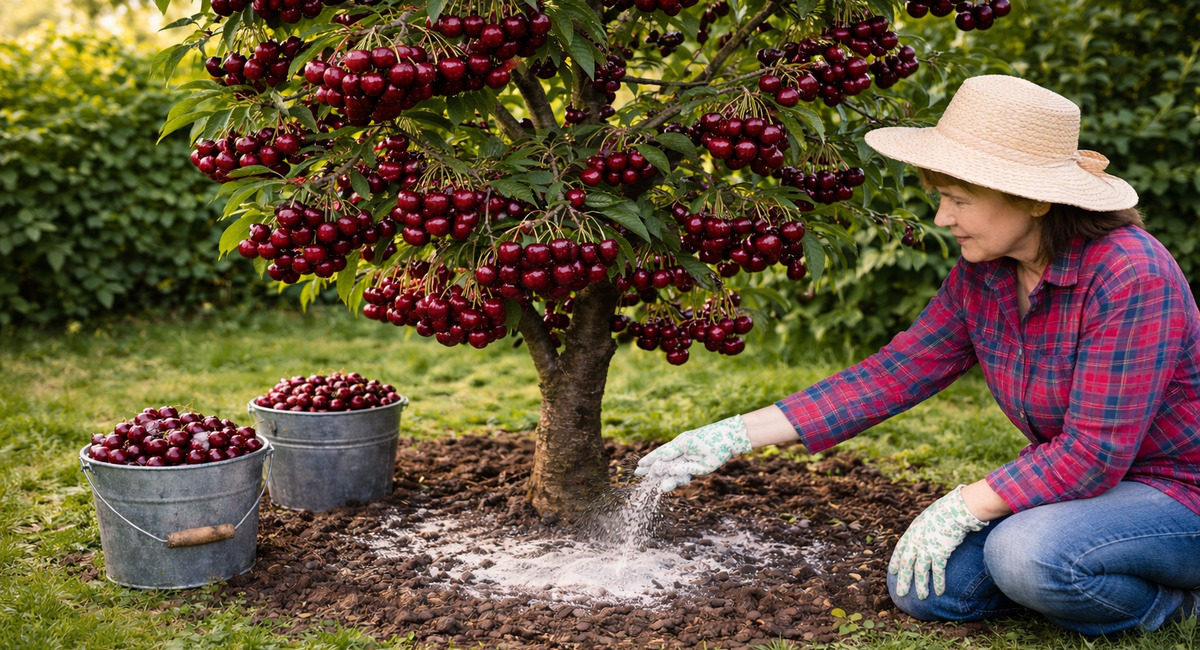 В апреле подсыпаю под вишню 3 горсти — и ягода наливается бордовым соком: ветки гнутся до земли, косточка легко отстает
